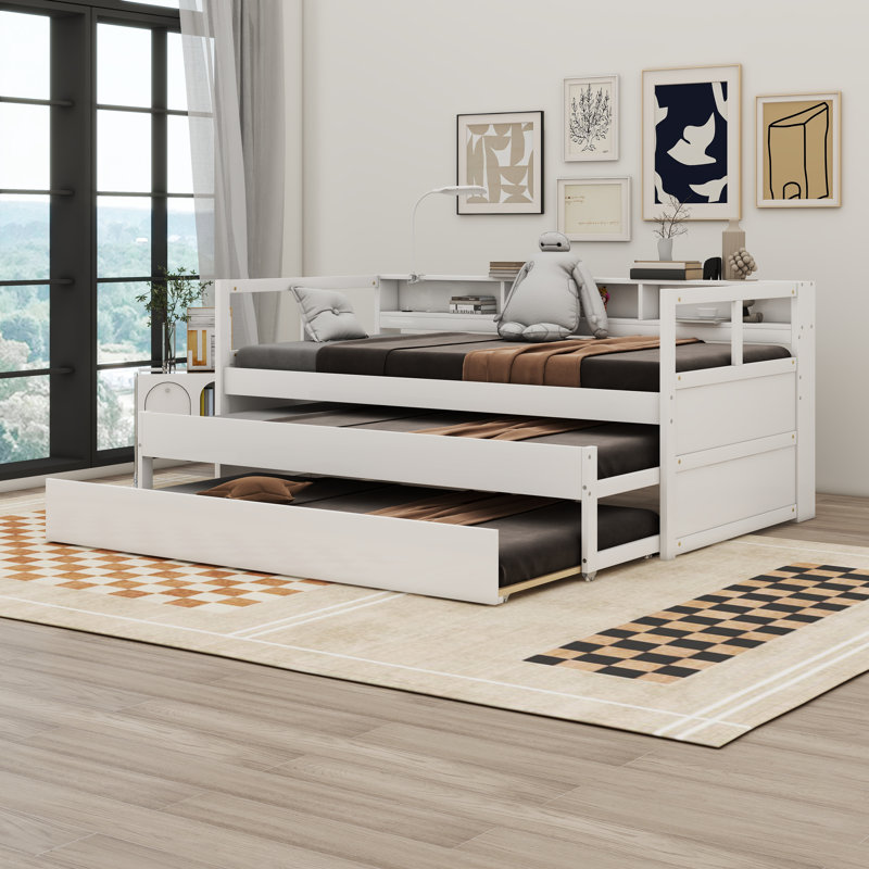 Priscyla Wood Daybed with 2 Trundles, 3 Storage Cubbies White Priscyla Wood Daybed with 2 Trundles, 3 Storage Cubbies White